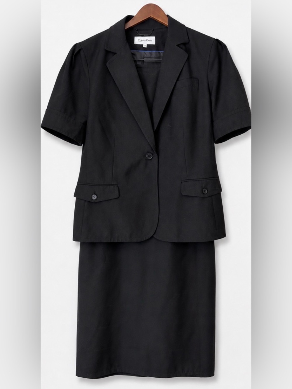 Calvin Klein Black 2-Piece Skirt Suit Size 12 Short Sleeve Blazer + Pencil Skirt